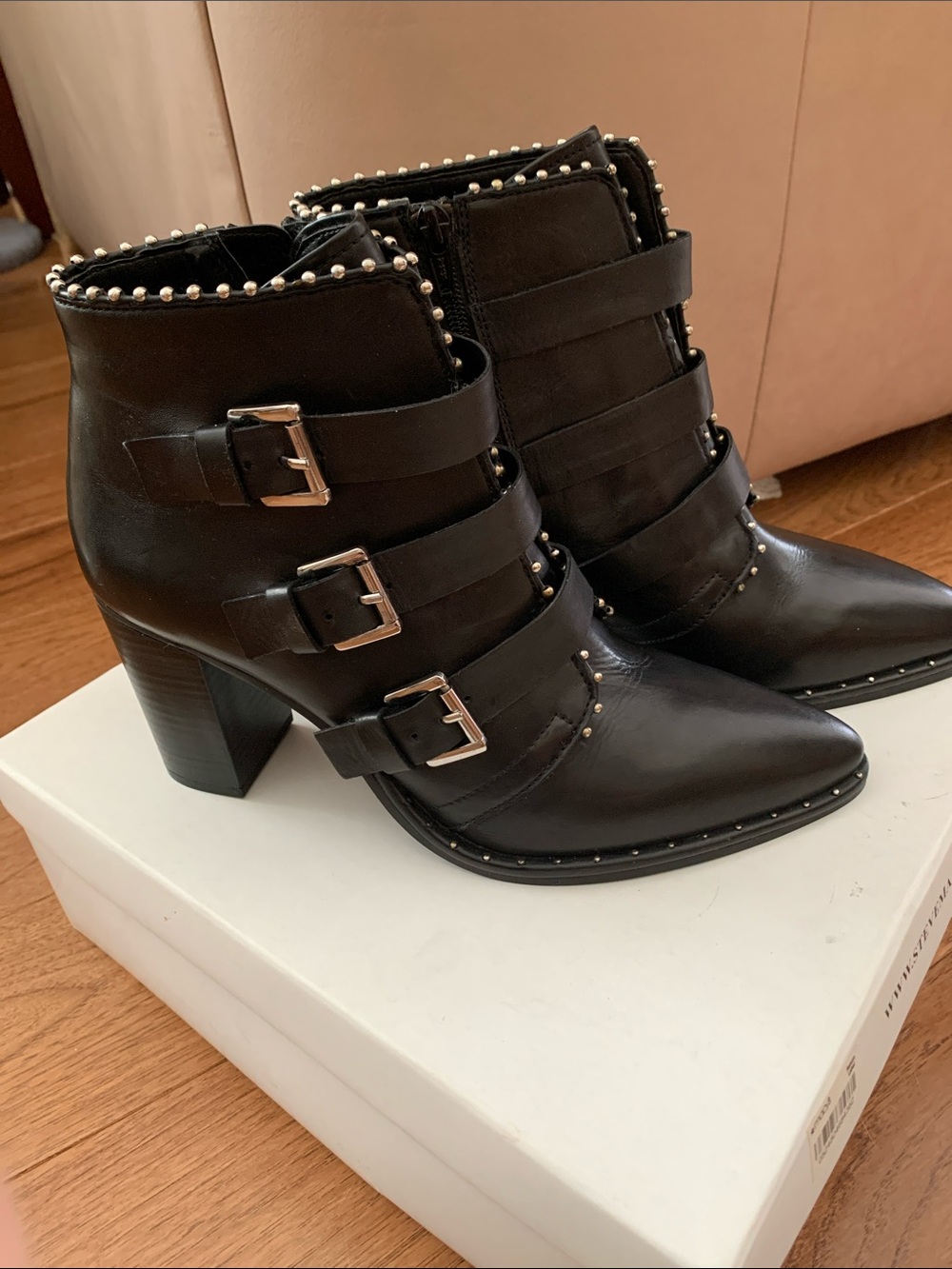 Steve Madden Black Pointed Studded Buckle Ankle Booties